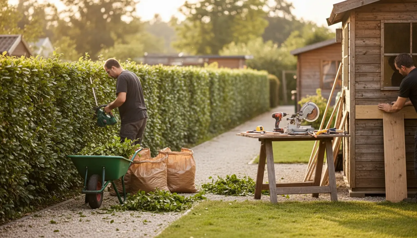 Tømrer monterer fodlister ved en kolonihave, mens bøgehækken bliver klippet og afklip lægges i trillebør.