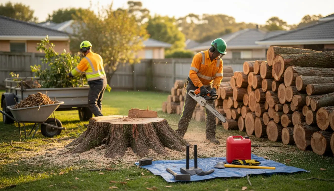 Et stort træ er fældet, stammerne savet i cirka 30 cm stykker og grene læsset i en trailer.