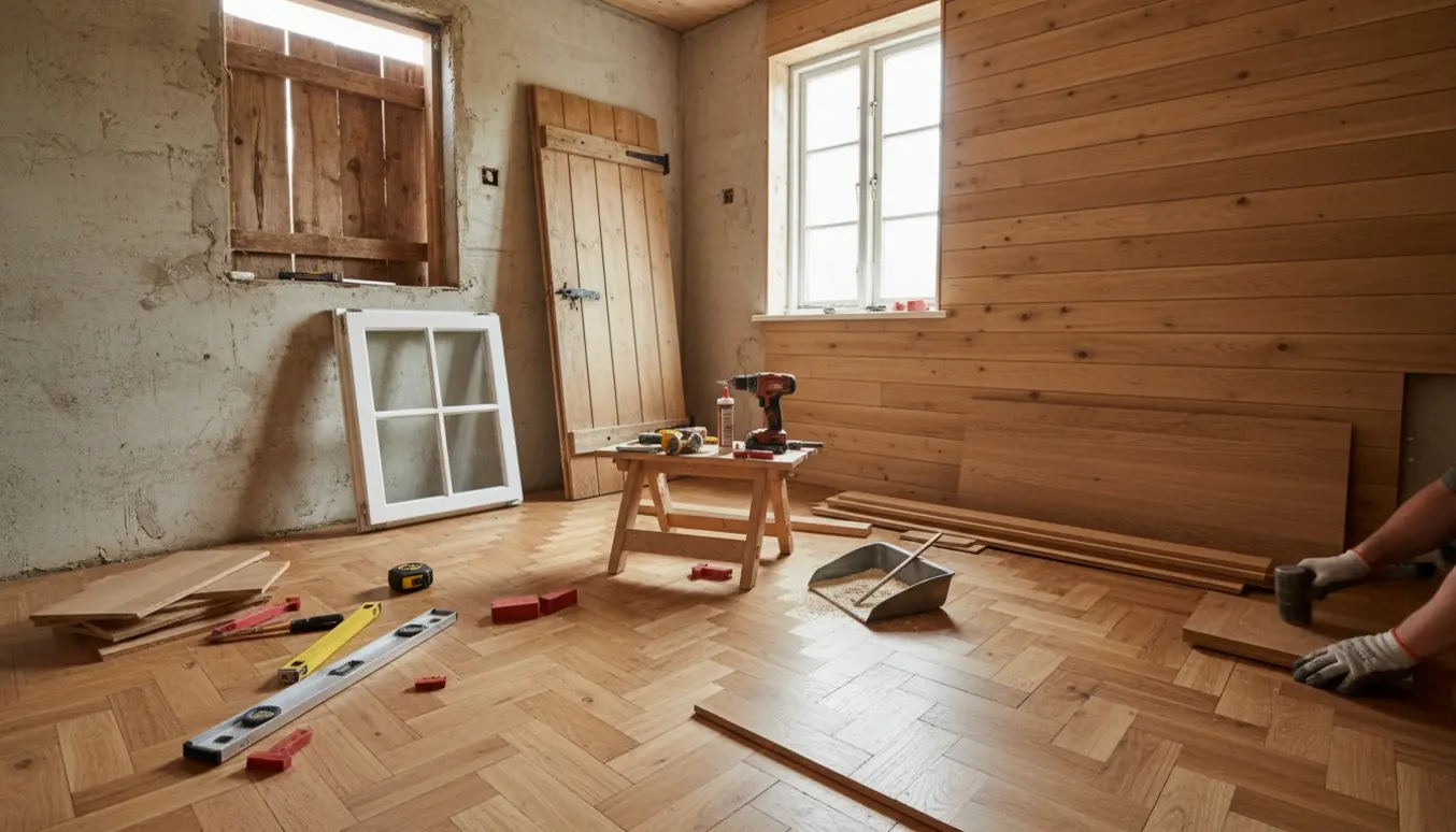 Lyst kolonihavehusværelse med halvfærdig vægbeklædning og delvist lagt parketgulv, værktøj og materialer samlet klar til installation.