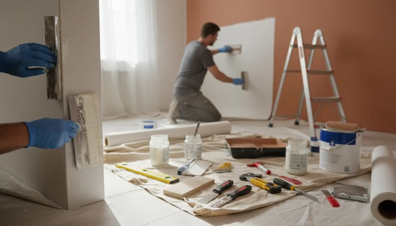 Hænder spartler og opsætter filt på vægge, med en nyligt malet væg i baggrunden.