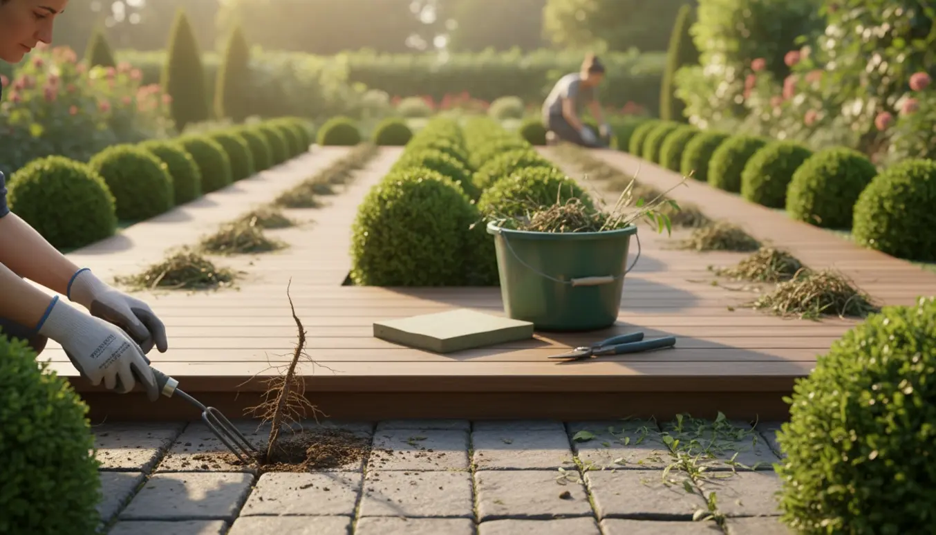 Hænder luger ukrudt langs to hække og mellem fliser ved en terrasse med en fyldt havebøtte.