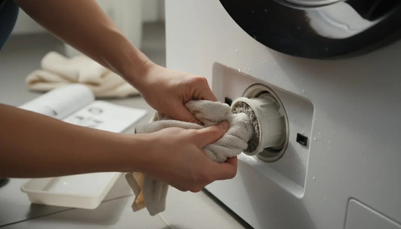 Hænder forsøger at trække et fastsiddende filter ud af en åben vaskemaskine.