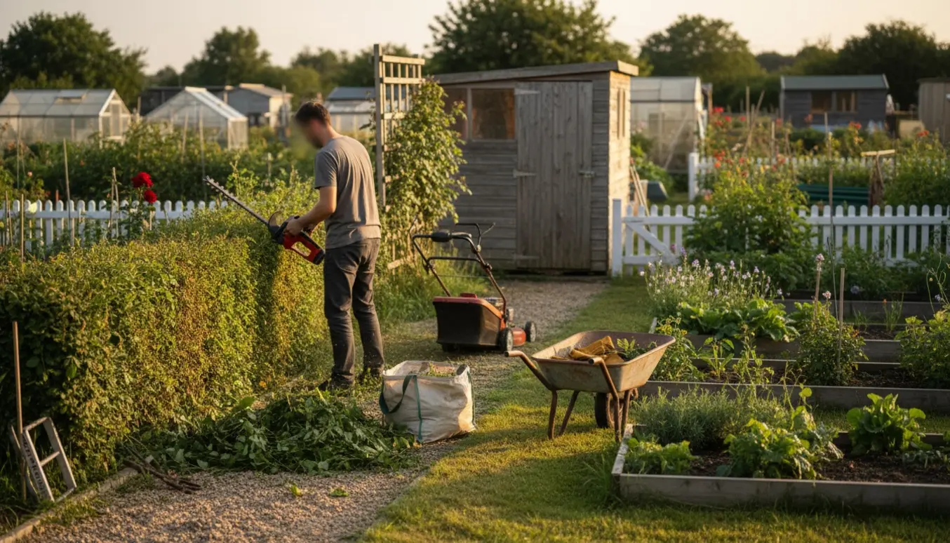 En kolonihave med en person, der trimmer hæk og slår græsset, omgivet af redskaber og plantebede.