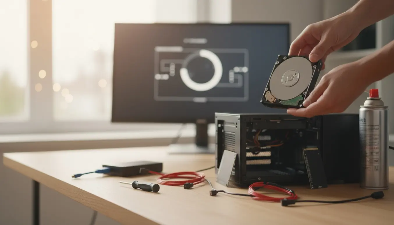 Åben pc på skrivebord med hænder, der holder en intern harddisk og fejlværktøj i fokus.