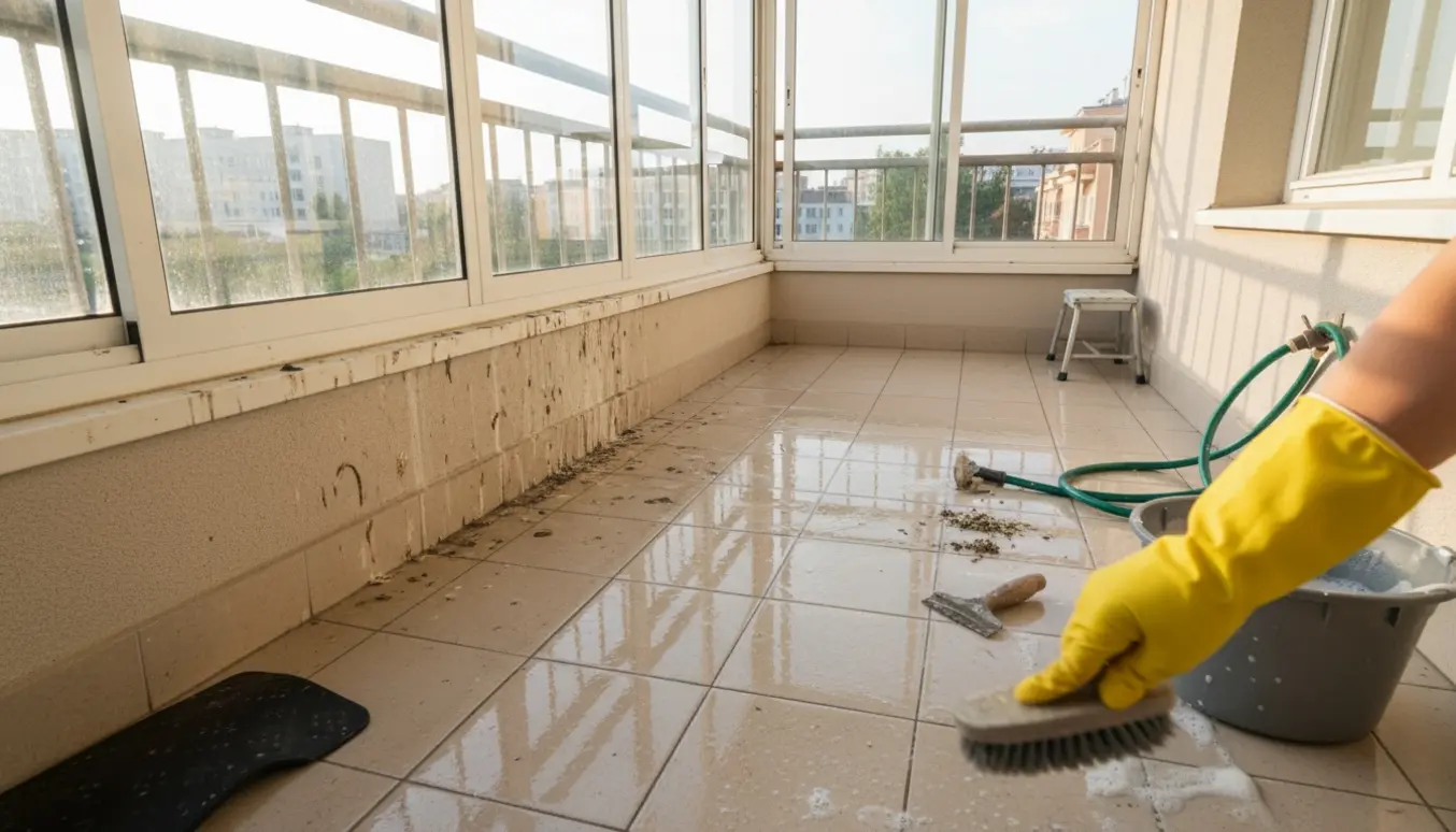 Hånd i gummihandske skrubber dueafføring af fliser på en overdækket altan med vinduer.