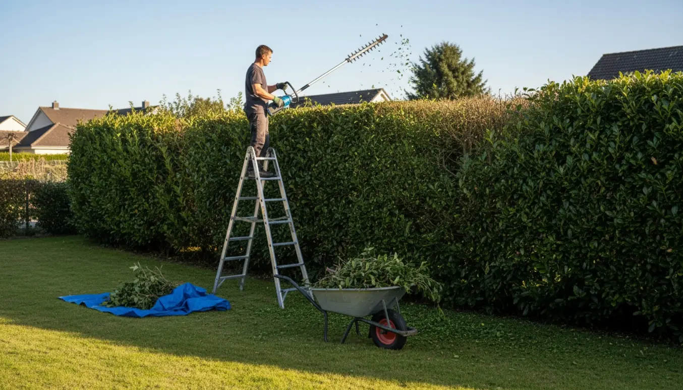 En person trimmer toppen af en høj hæk med langt redskab, og det nyklippede snit og klippeaffald er samlet på en presenning i en solrig have.