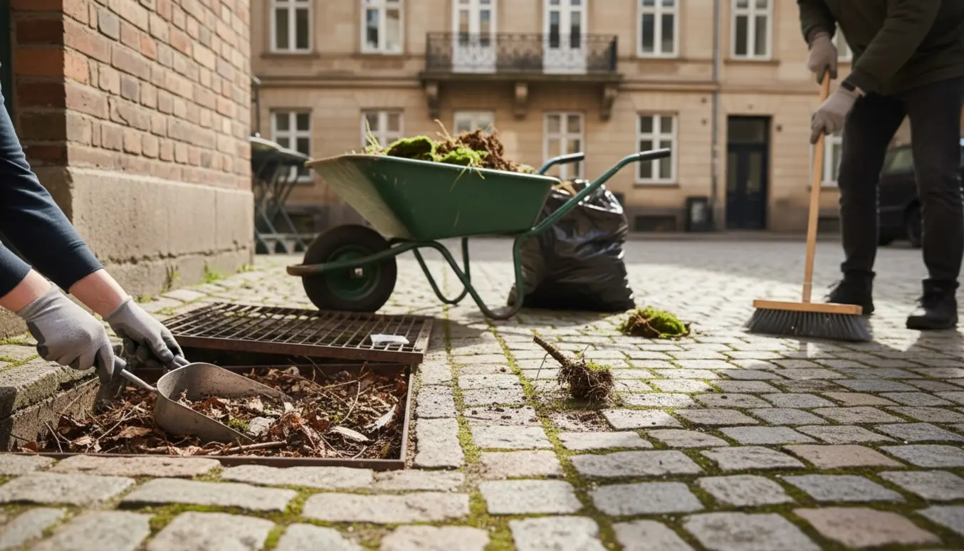 Nærbillede af rengøring af gård og fortov med handsker, kost, skovl og opsamlet ukrudt og blade.