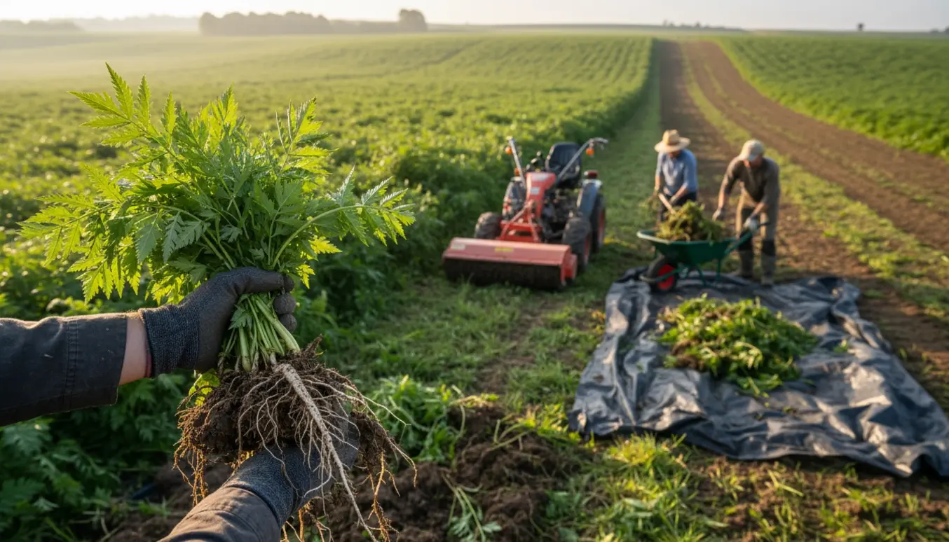 Nærbillede af handsker der trækker skvalderkål op med et landskab af rydningsarbejde og maskine i baggrunden.