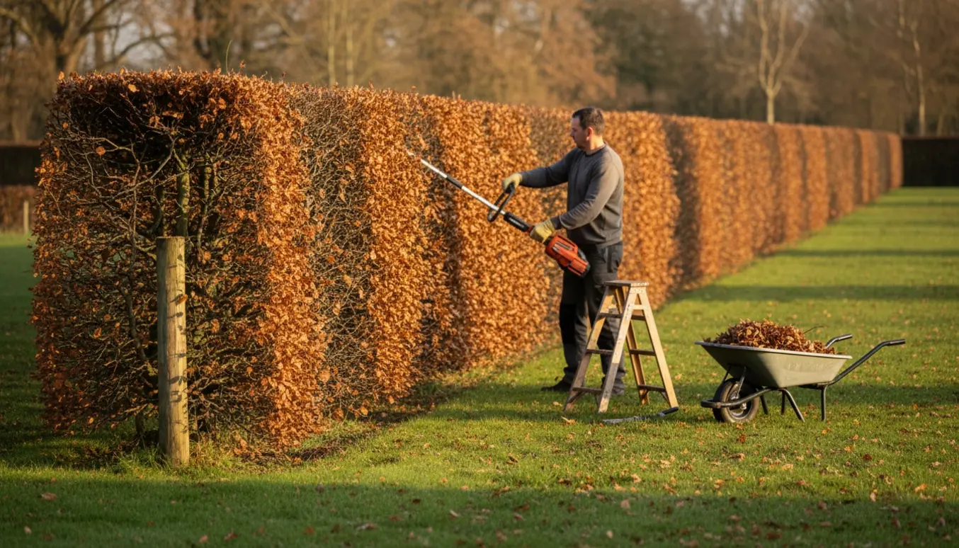 Lang bøgehæk klippes om efteråret med en havemand, forlænger-saks og trillebør med afklip i forgrunden.
