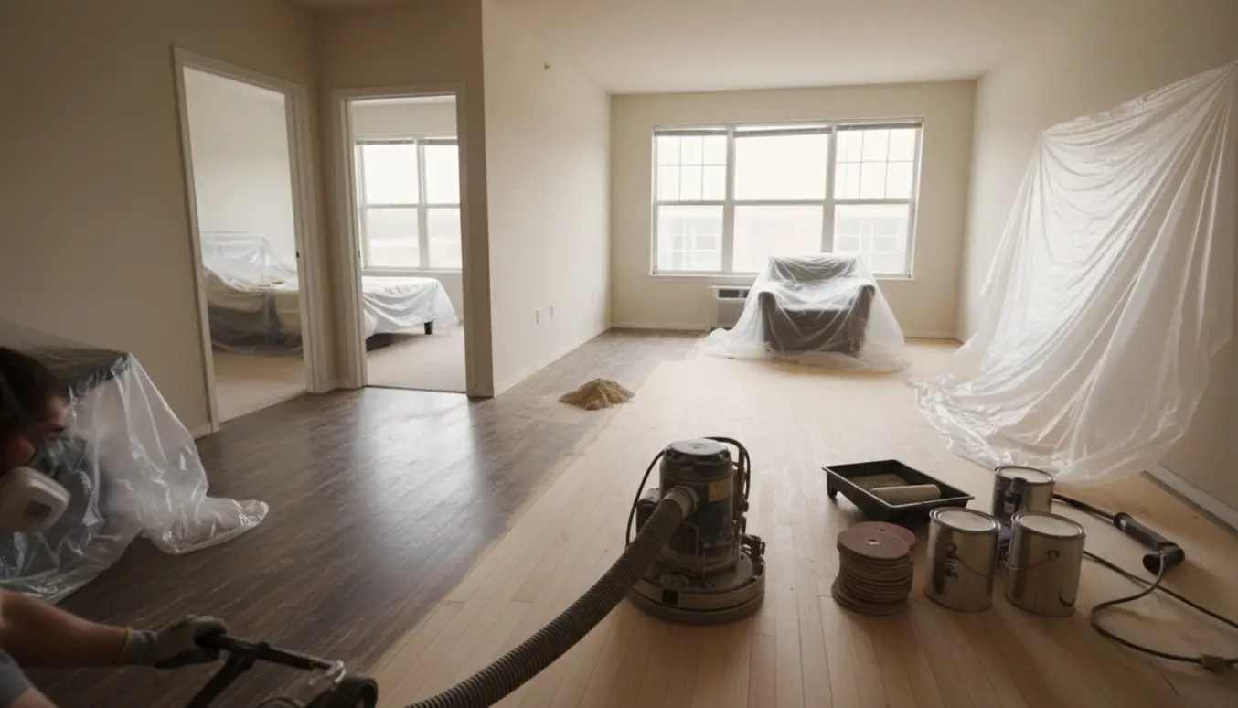 Halvt slebet trægulv i en stue med slibemaskine, lakudstyr og åbne døråbninger uden bundtrin.