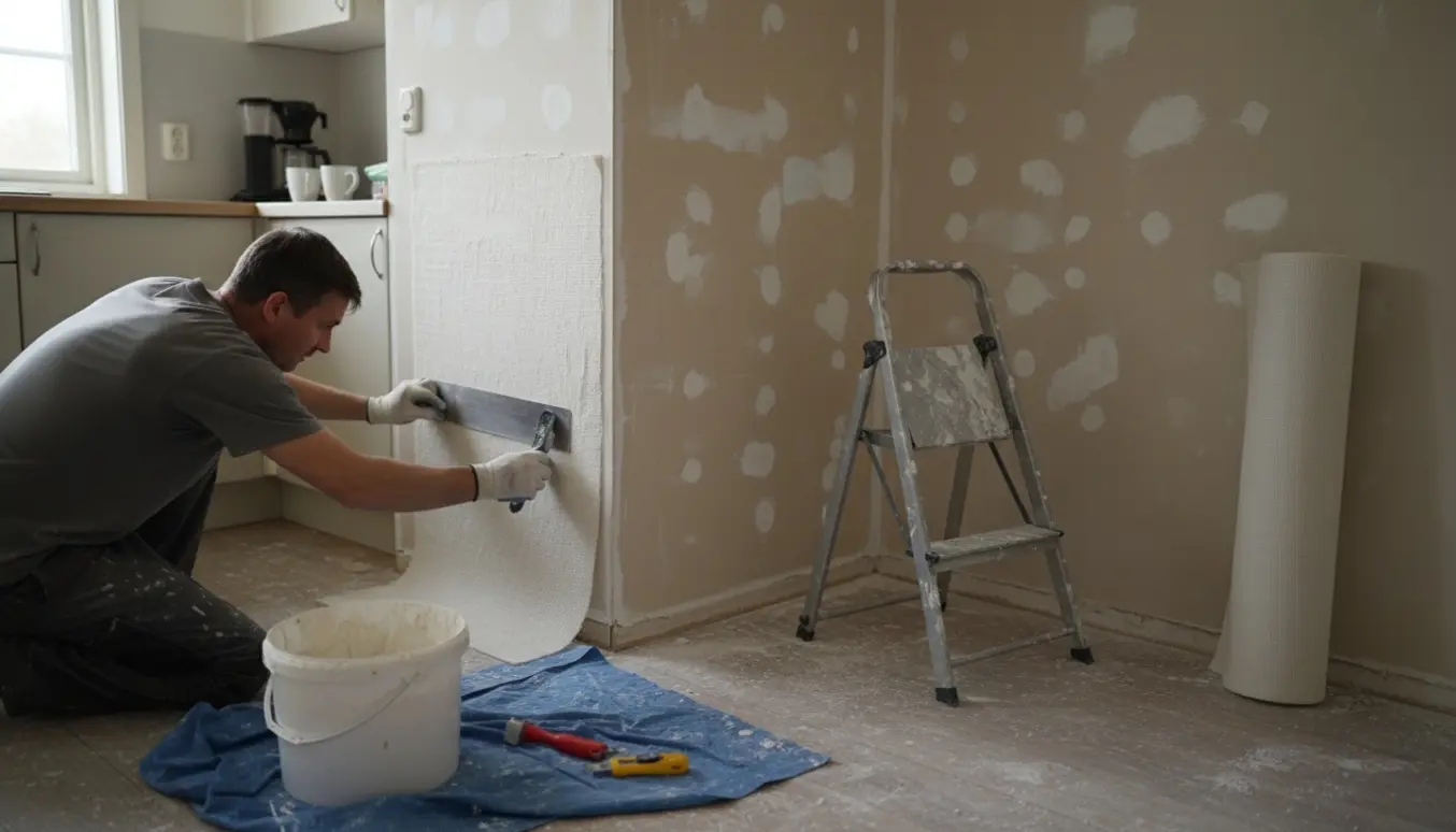 Opsætning af filt og spartling i et lille køkken med værktøj og håndværkerhænders arbejde.