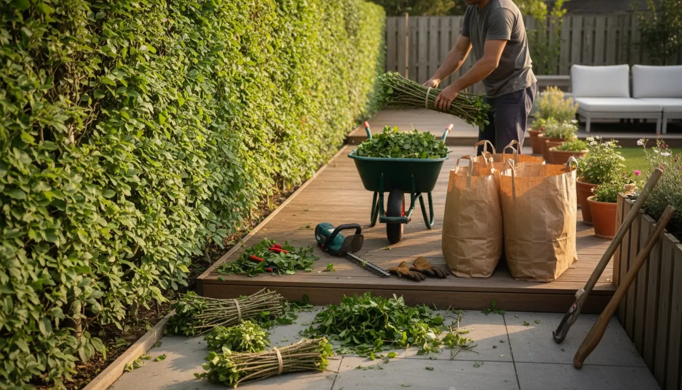 Nedskåret bøgehæk ved en terrasse med værktøj, trillebør og grønne affaldssække klar til bortskaffelse.