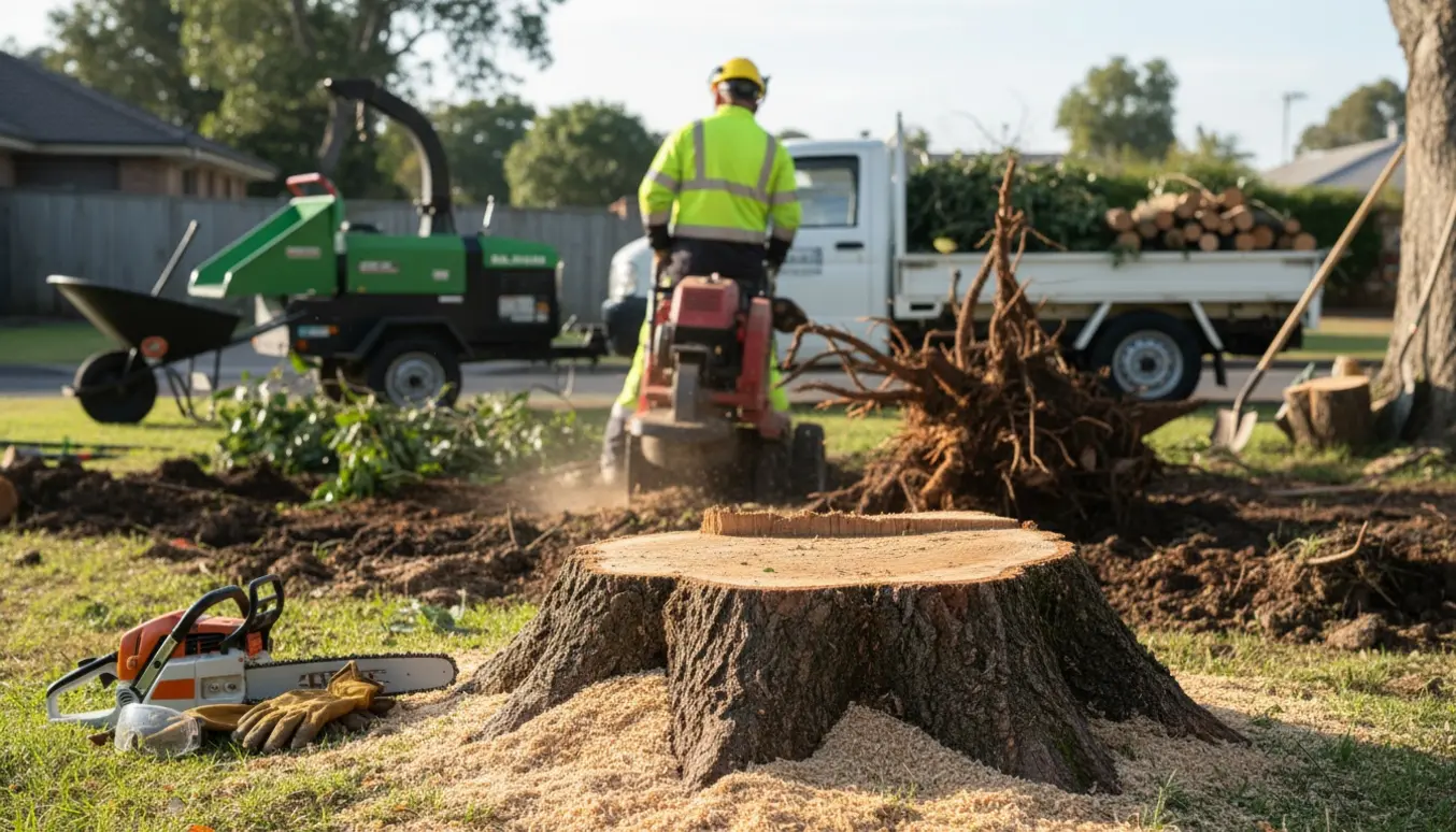 Motorsav og udstyr ved en frisk fældet træstump, arbejdere fjerner rødder og læsser grene på en trailer.