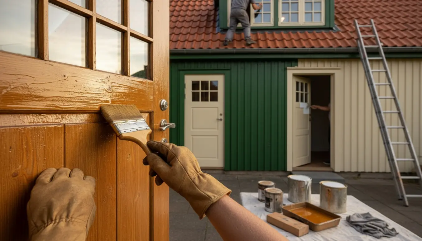 Nærbillede af hænder, der maler udvendige havedøre og en kvist med linolie og vandbaseret maling.