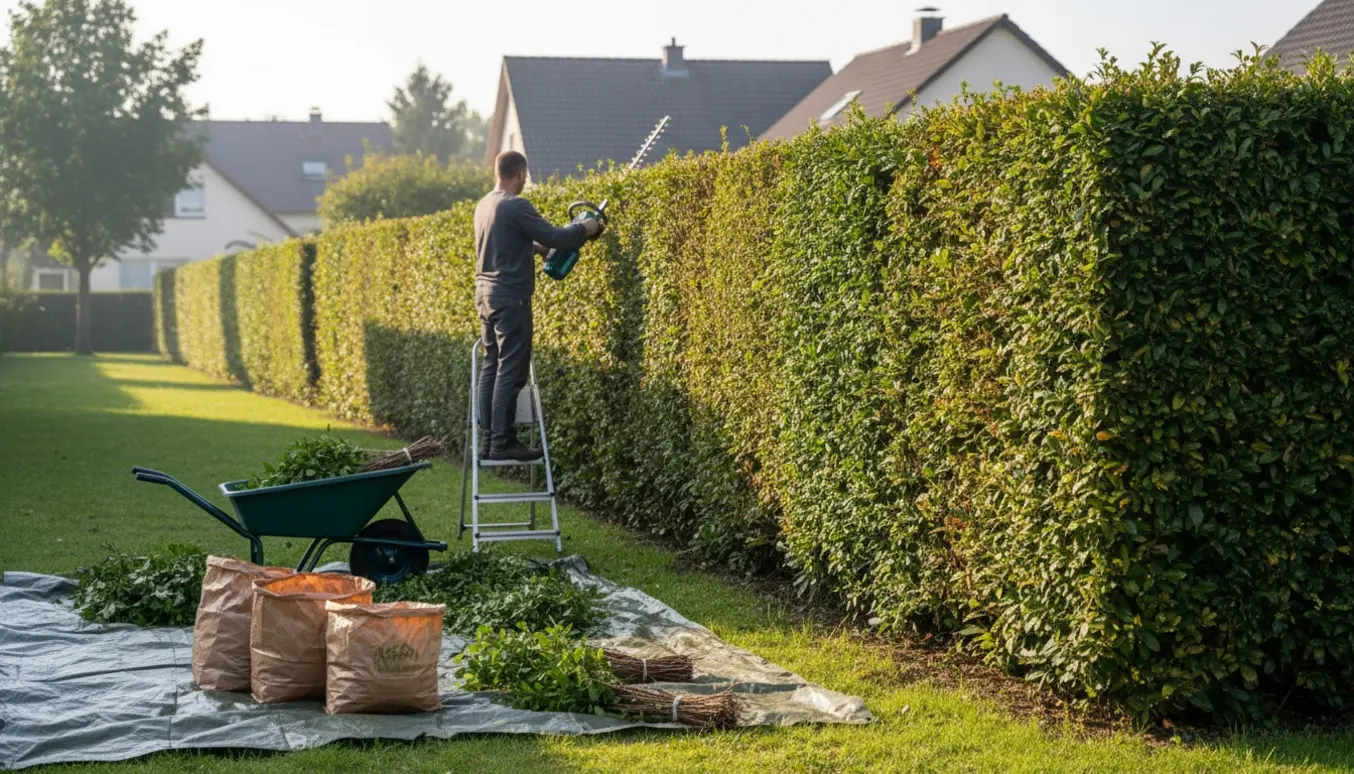 Person klipper en 180-190 cm høj hæk med hækkeklipper, mens afklip samles i en trillebør.