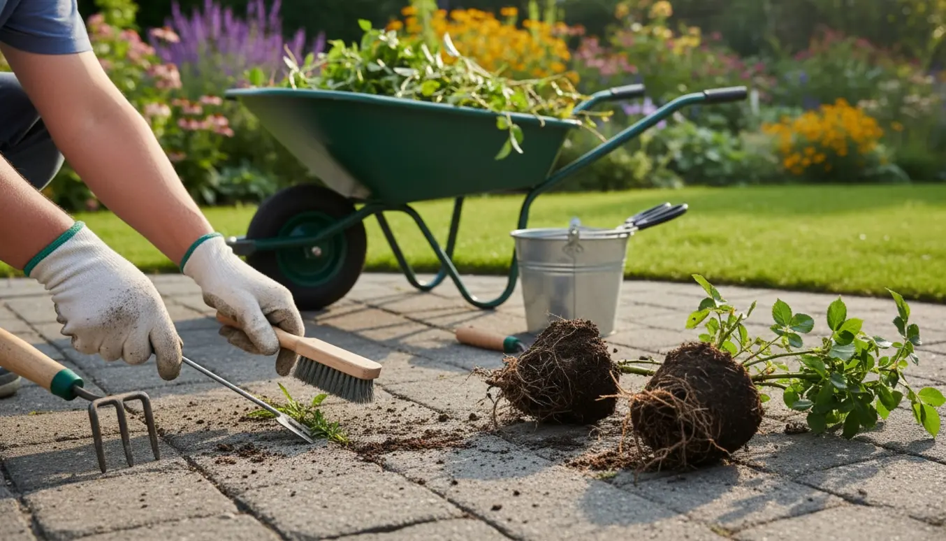 Handsker og værktøj fjerner ukrudt mellem fliser, mens to små rosenbuske er gravet op i en solrig have.