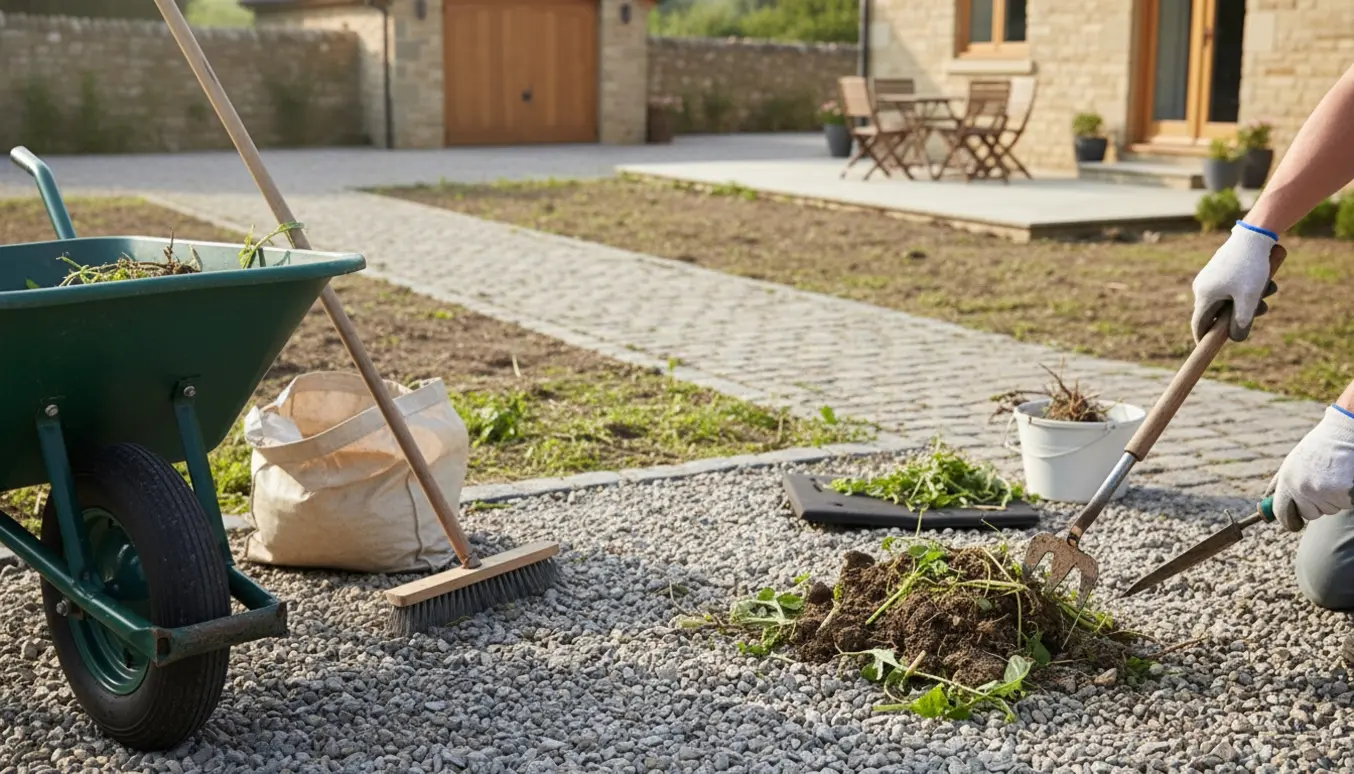 Nærbillede af hænder, der fjerner ukrudt mellem ral i en indkørsel med tilstødende fliser og brosten.