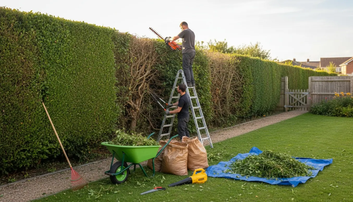 Lang hæk på 30–40 meter klippes i højden og på begge sider med trillebør og poser til afklip klar til oprydning.