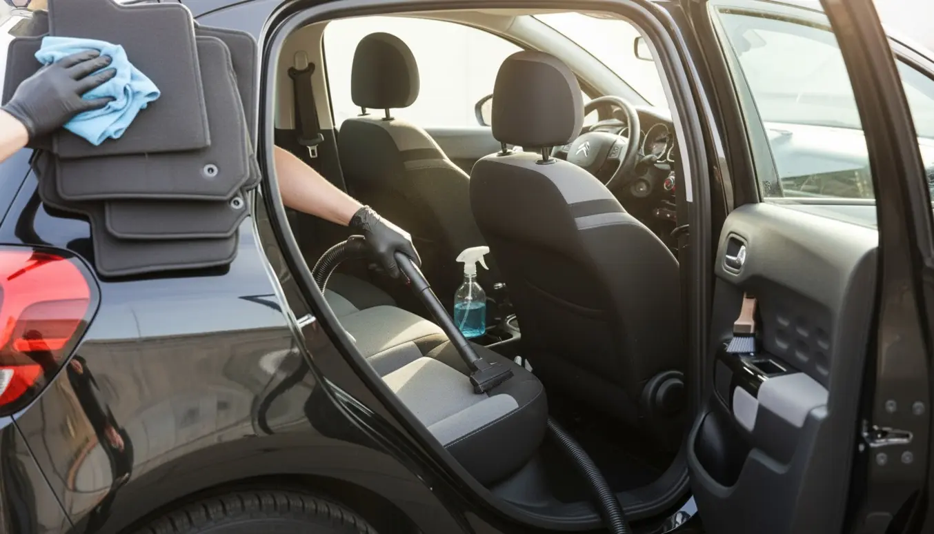 Grundig rengøring af bilens indre med støvsuger og mikrofiberklud i en Citroën C3.