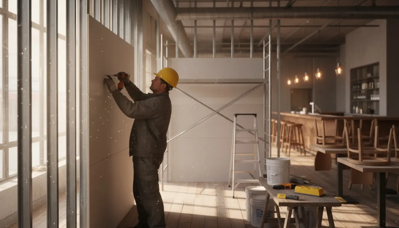 To gipsvægge bygges i en restaurant under renovering, med hænder der monterer en gipsplade.