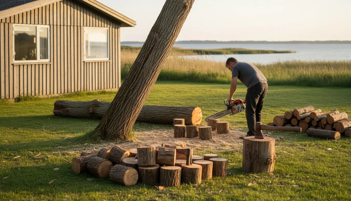 Sommerhus ved Hjarbæk Fjord med et udgået træ savet i ca. 30 cm stykker og en stak klar til kløvning.
