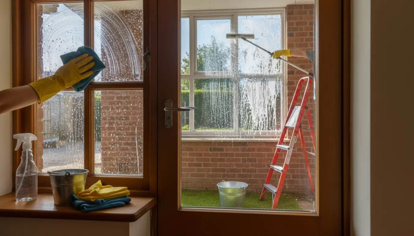 Vinduespudsning både ude og inde med skraber, spand og klud set gennem en halvrenset rude.
