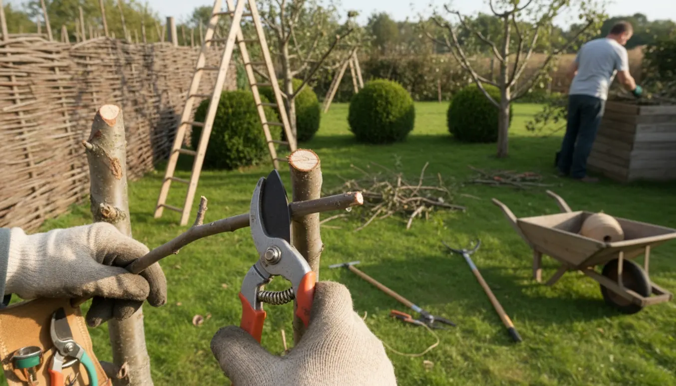Nærbillede af beskæring af æbletræ og buske med grensakse, stige og kvashegn i baggrunden.