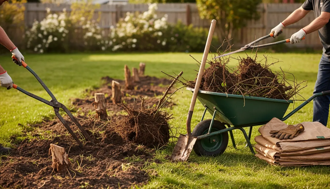 Nærbillede af fjernelse af fire brombærbuske i en have med værktøj og trillebør.