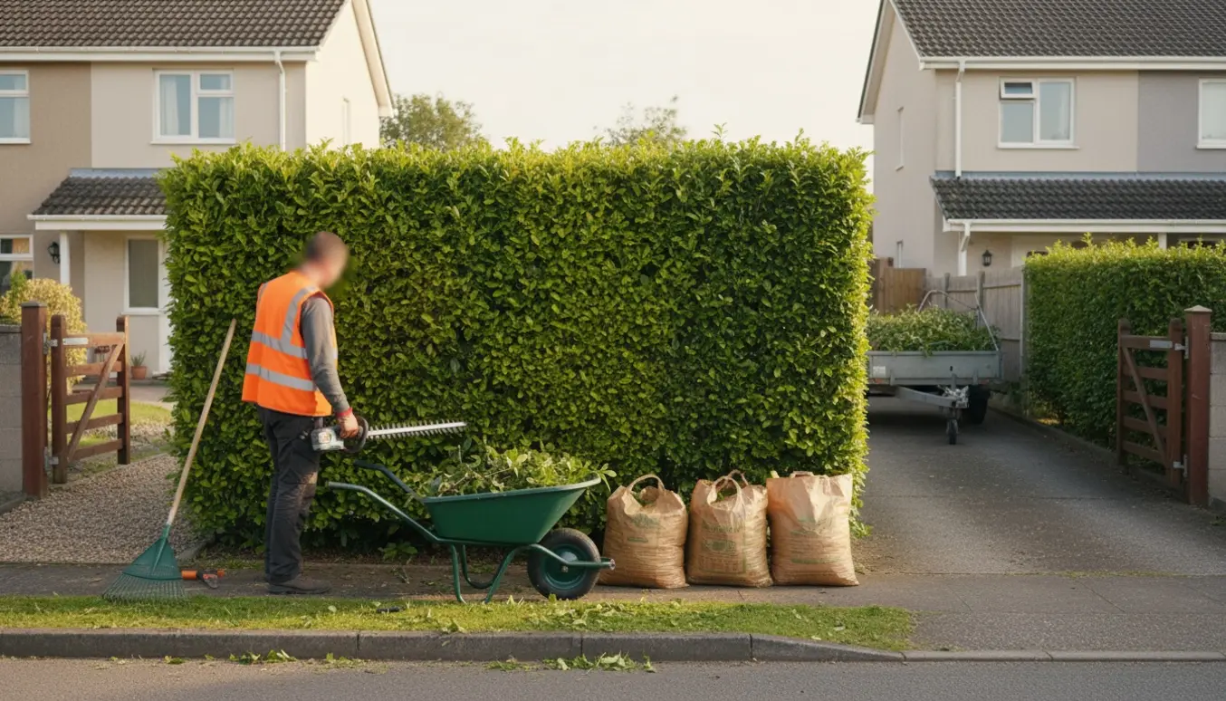 Friskklippet hæk ved to huse med værktøj og opsamlede afklip klar til bortkørsel.
