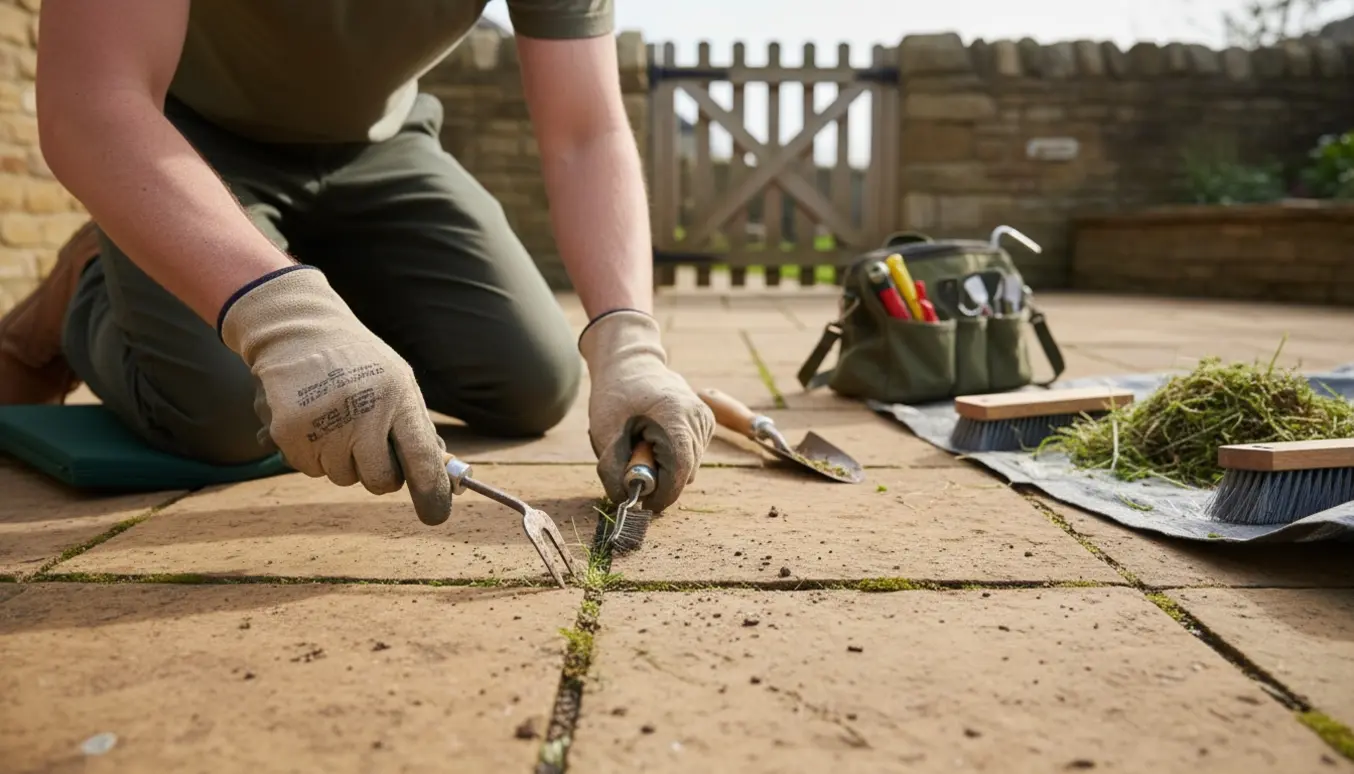 Hænder fjerner let ukrudt mellem fliser på en solbelyst terrasse med håndredskaber og spand til affald.