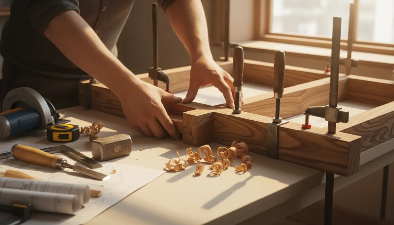 Nærbillede af tømrerhænder, træplanker og værktøj i et solbelyst værksted.