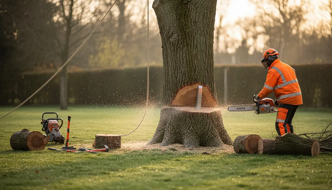 Anonym arborist fælder et ca. 13 meter højt træ i en åben have med savsmuld og stammer klar til fjernelse.