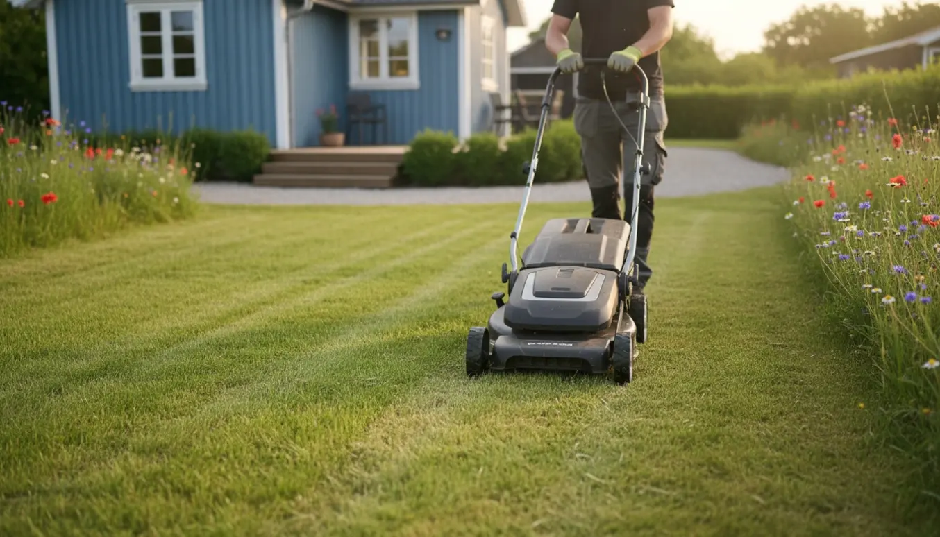 Græsslåmaskine i arbejde foran et charmerende sommerhus med nyklippet græs og græsafklip på plænen.
