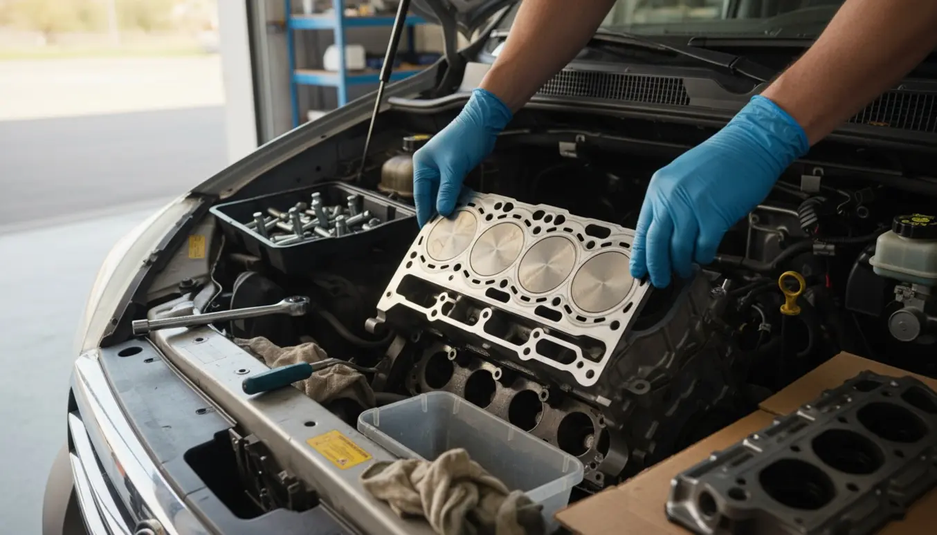 Handskerklædte hænder placerer en ny toppakning i en åben motor i en varebil.