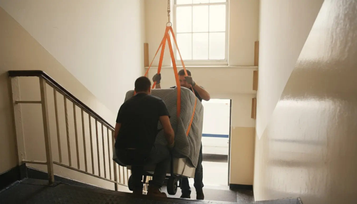 To flyttemænd sænker en indpakket vaskemaskine ned ad en lejlighedstrappe med stropper og tæpper.