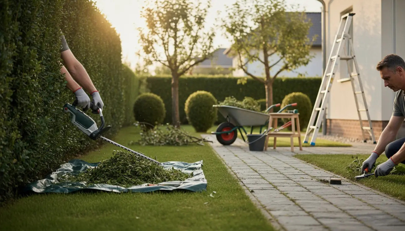 Handsker klipper hæk ved fortovet med beskårne æbletræer, trillebør med grønt affald og haveredskaber i fokus.