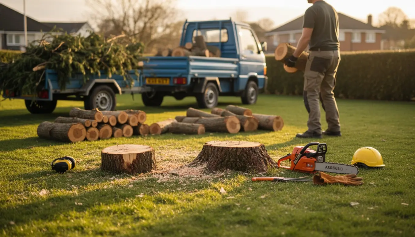Nyfældede træstød, stabler af brænde og arbejdstøj med motorsav i en villahave.