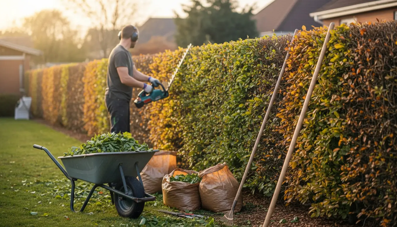 En havearbejder trimmer en lang bøgehæk til skulderhøjde og samler afklip i en trillebør.