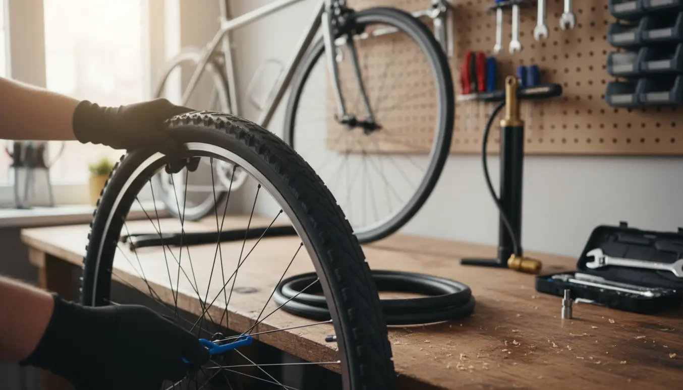 Nærbillede af to cykelhjul på et arbejdsbord, hvor en person monterer nye dæk og slanger med dækjern og pumpe.