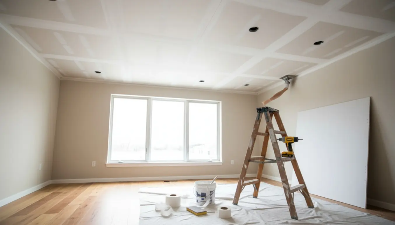 Glat, hvidt gipsloft i et lille rum med værktøj og en hånd, der udjævner spartelmasse.