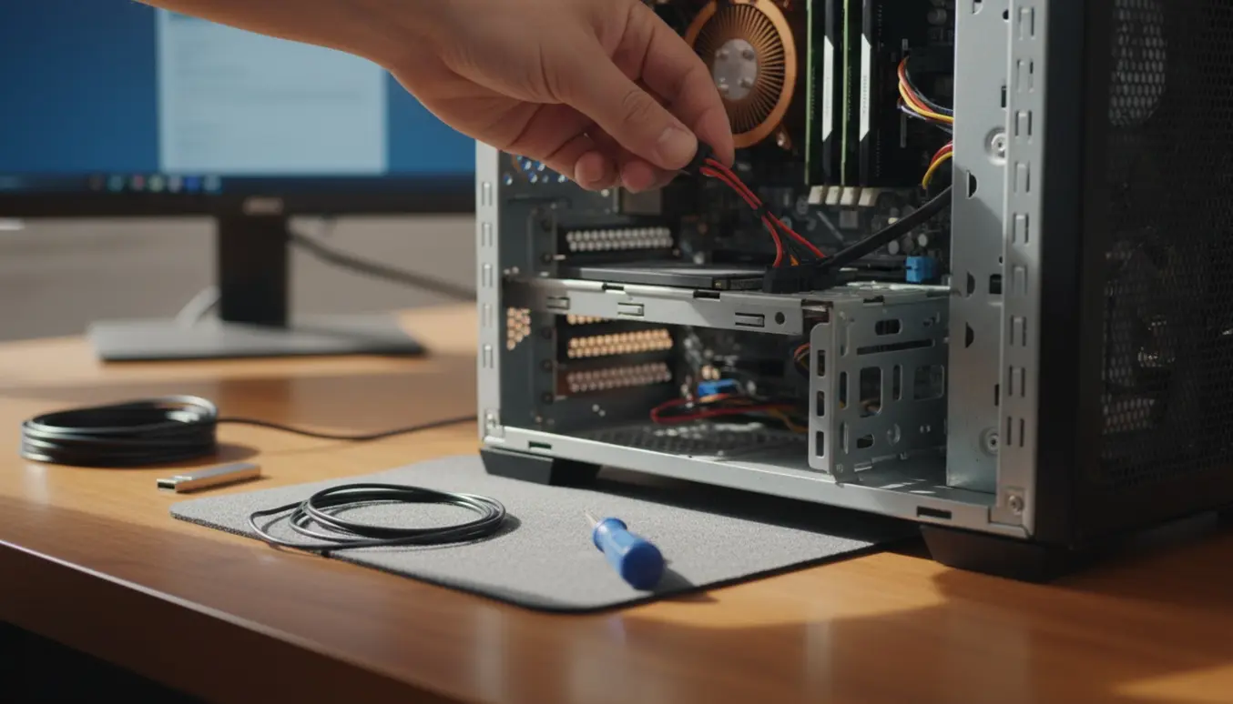 Hænder genforbinder en SSD i en åben pc for at løse boot-problemer.