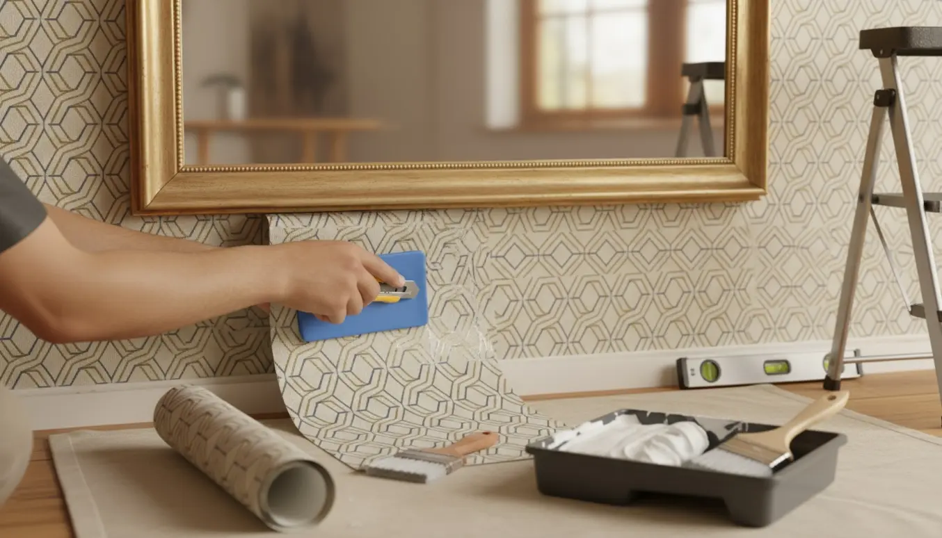 Hænder glatter og trimmer tapet under et vægmonteret spejl i et lyst rum.