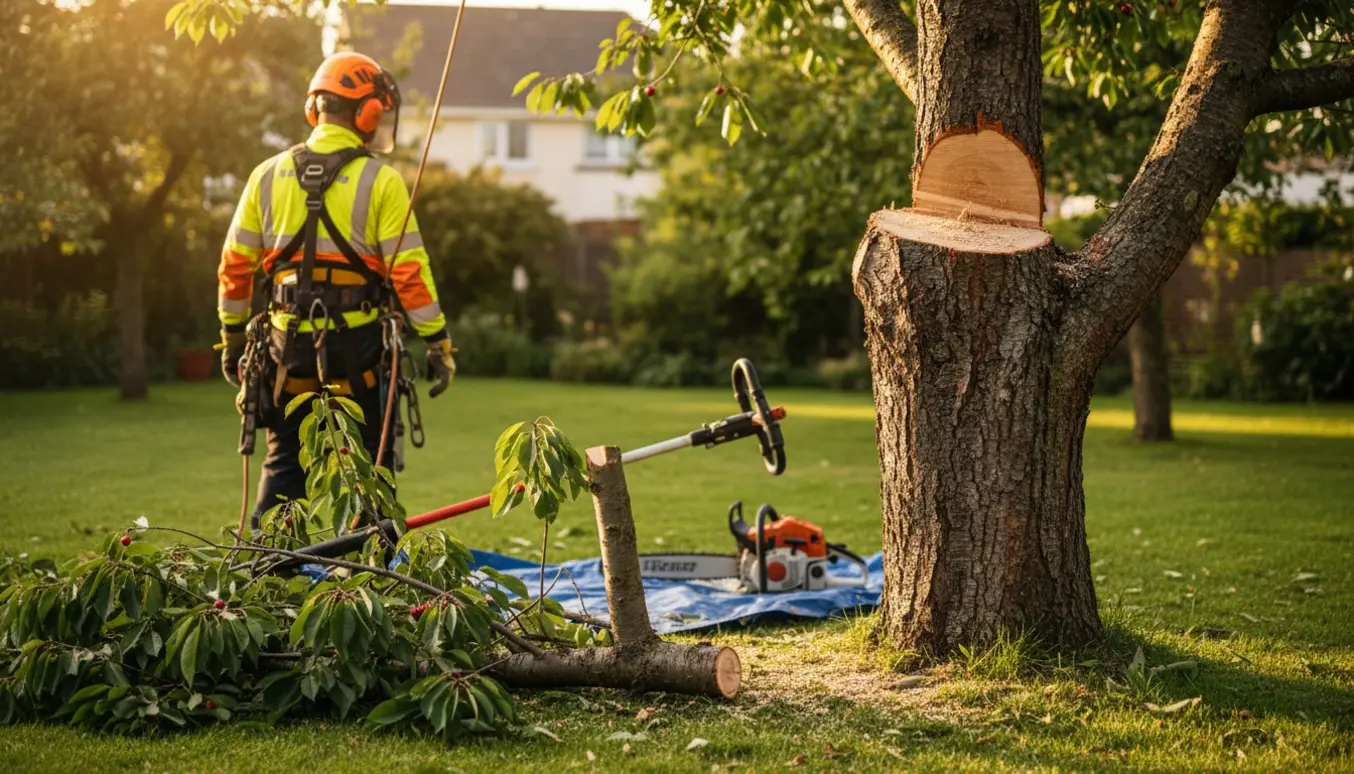 Arborist saver toppen af et kirsebærtræ, med friske snit og afsavede grene på græsset.