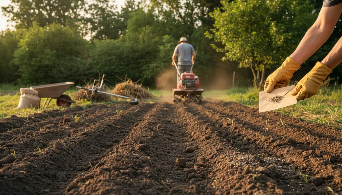 Nypløjet jord i en have, en hånd sår vilde blomster med træer og buske i baggrunden.