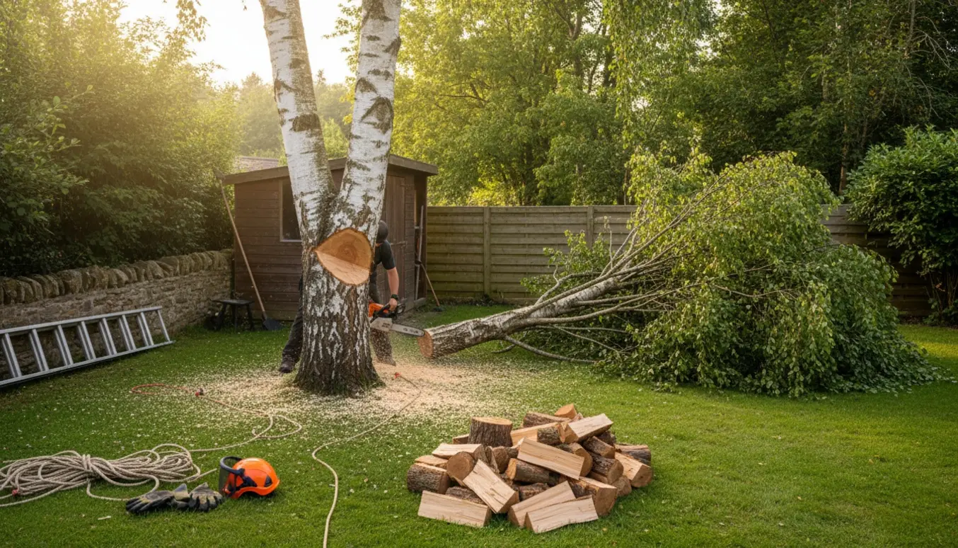 Et højt birketræ i haven fældes og saves til brænde tæt ved et shelter og skel.