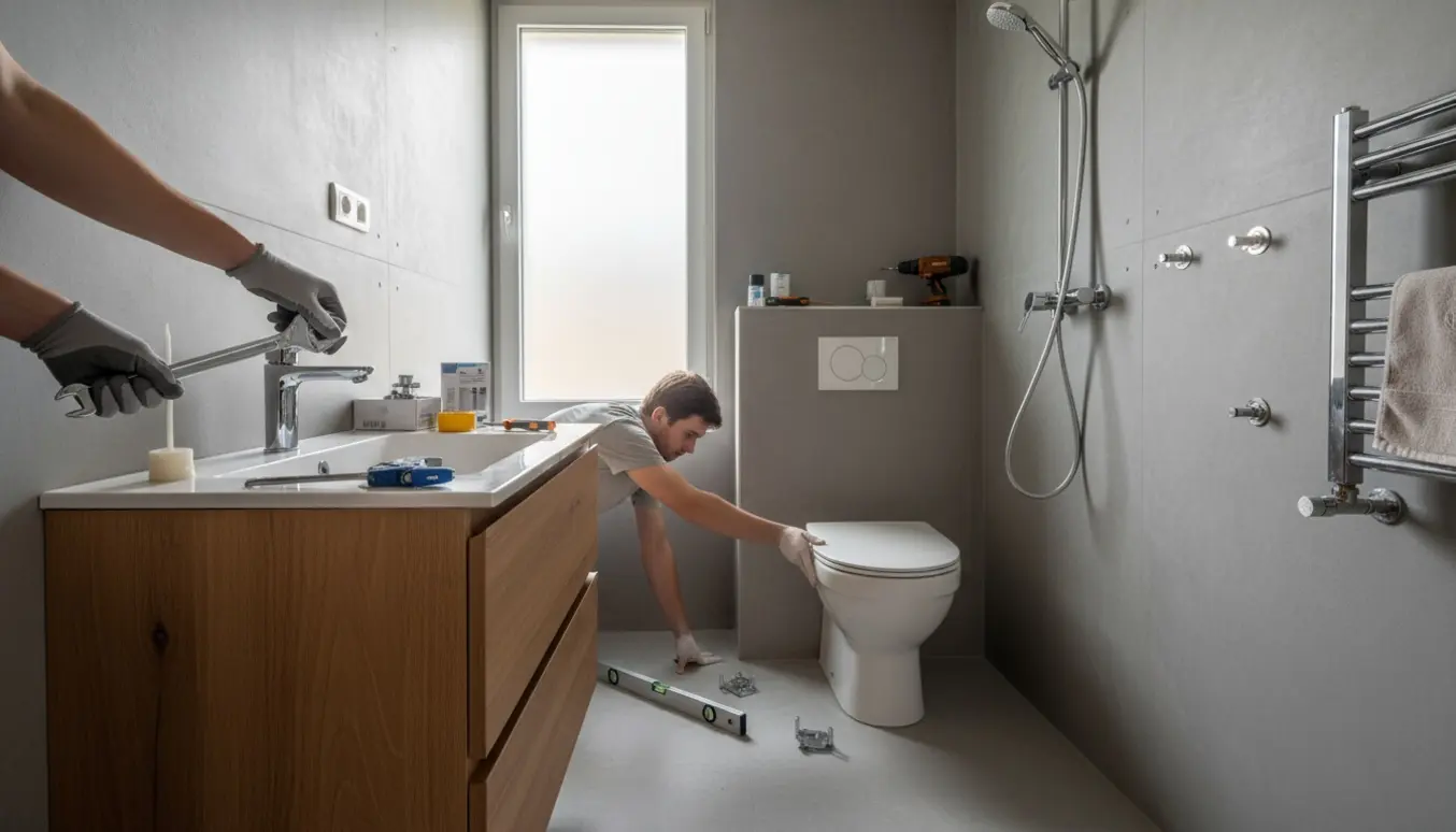 Installatør monterer toilet, blandingsbatteri, vask og håndklædevarmer i et badeværelse med ny microcement.