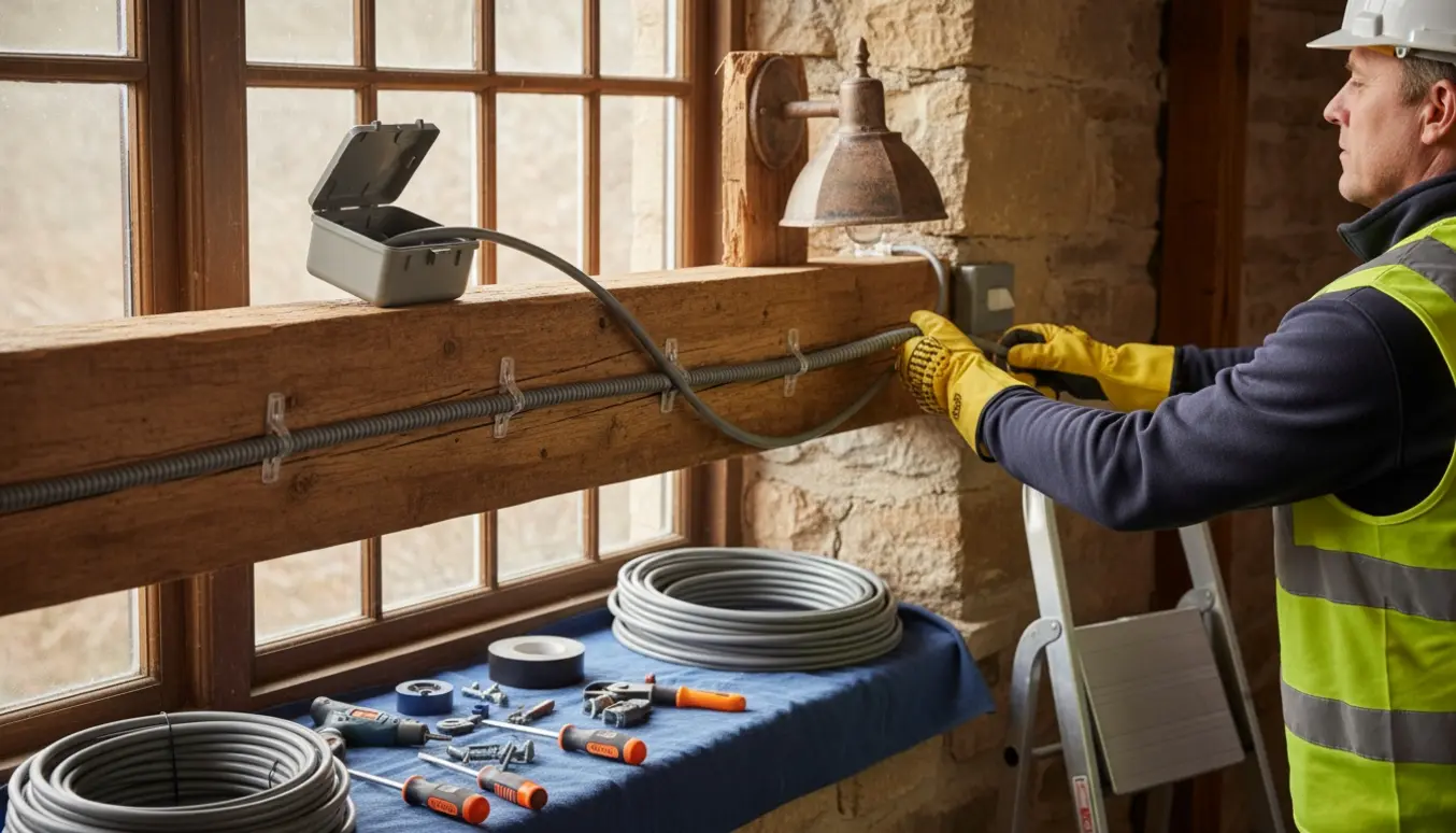 Autoriseret elektriker monterer udendørskabel, lampe og vejrbestandig kontakt på en træbjælke ved et vindue.