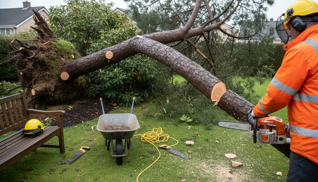 Faldet fyrtræ ligger over et rhododendronbed med handske, motorsav og værktøj klar til fjernelse.