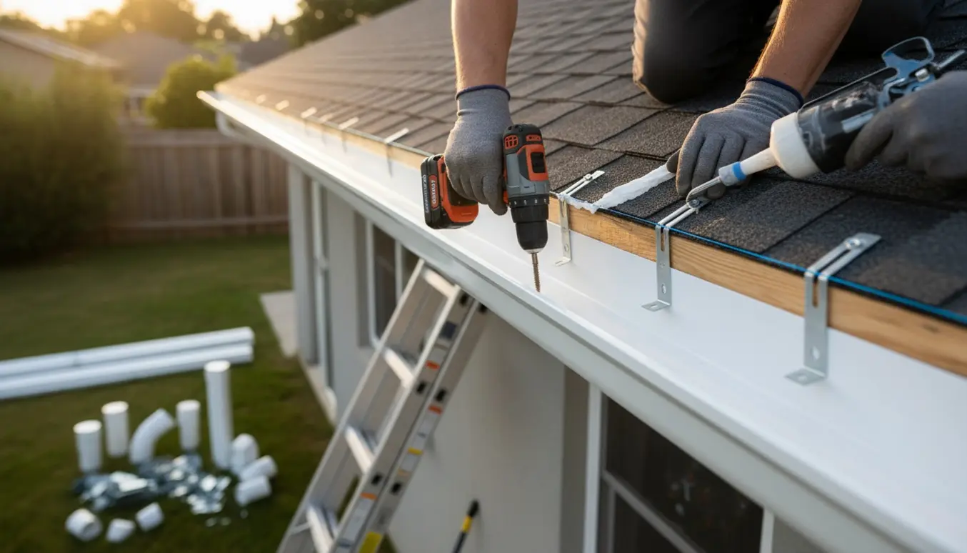 Nærbillede af handskerede hænder, der monterer en ny tagrende langs et tag med materialer og stige i baggrunden.