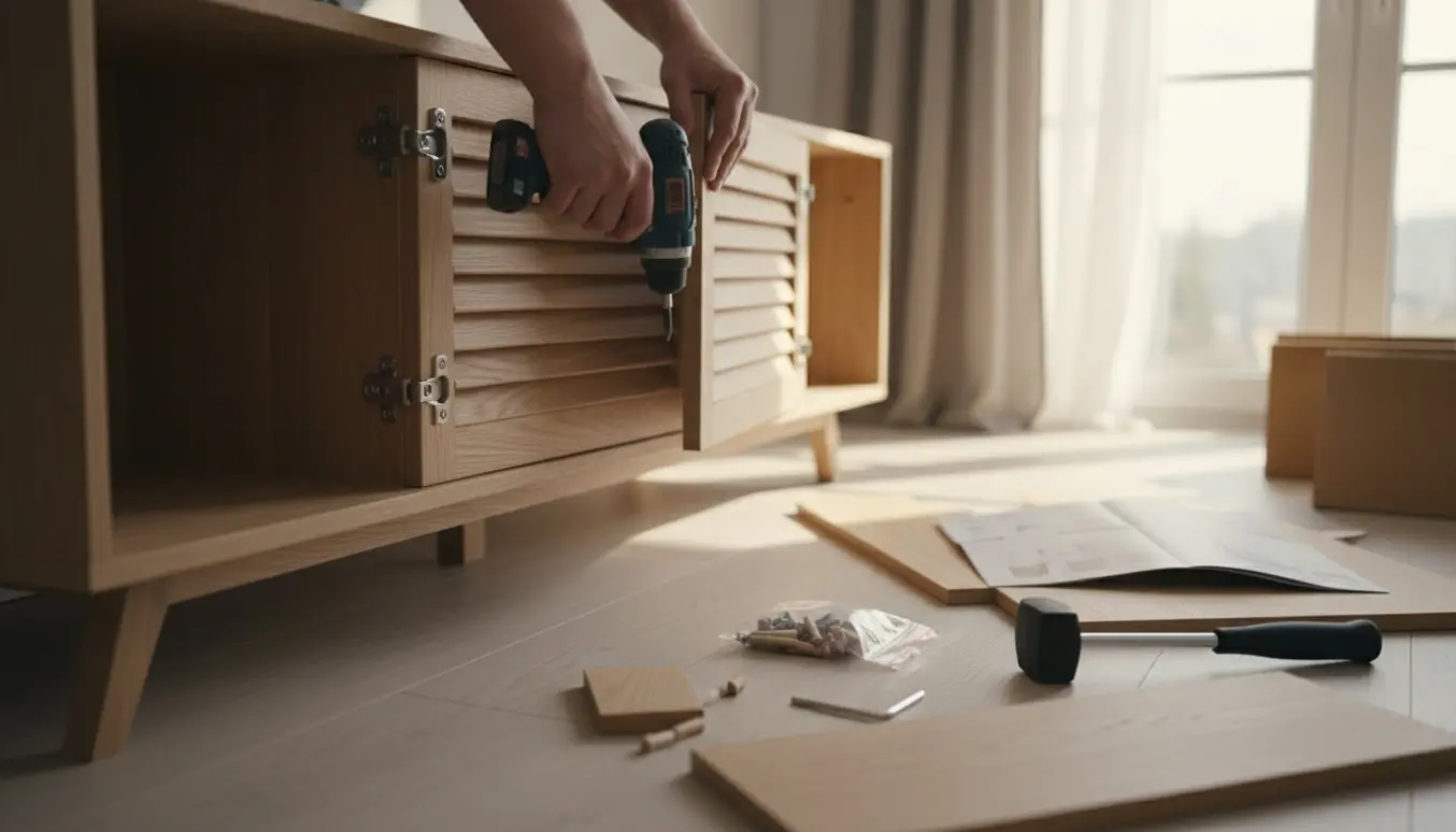 Hænder samler en træskænk med jalousilåger på et lyst stuegulv.